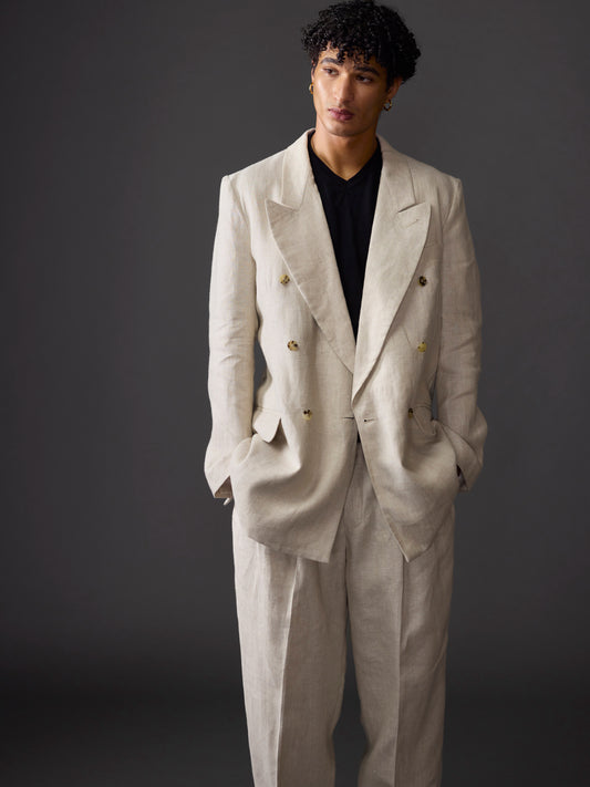 Beige Linen Avalon Double Breasted Blazer