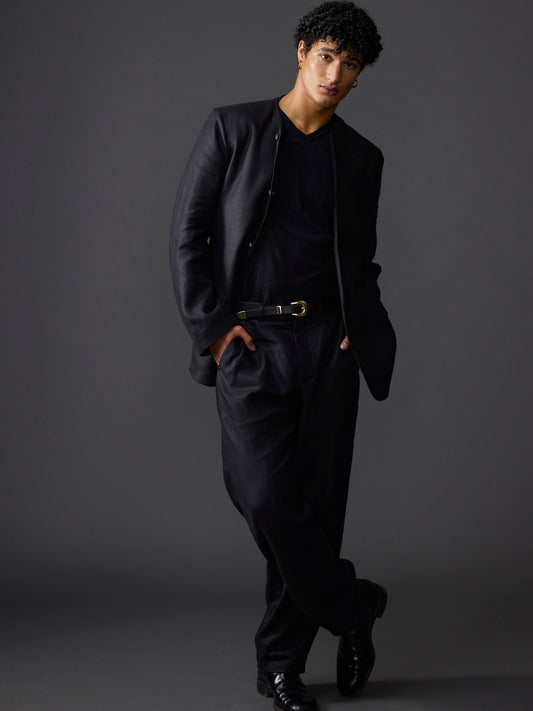 Black Avalon Linen Collarless Jacket