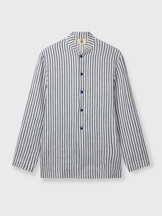 White and Blue Striped Linen Mandarin Suit