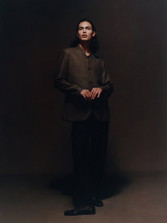 Brown Houndstooth Wool Nehru Blazer