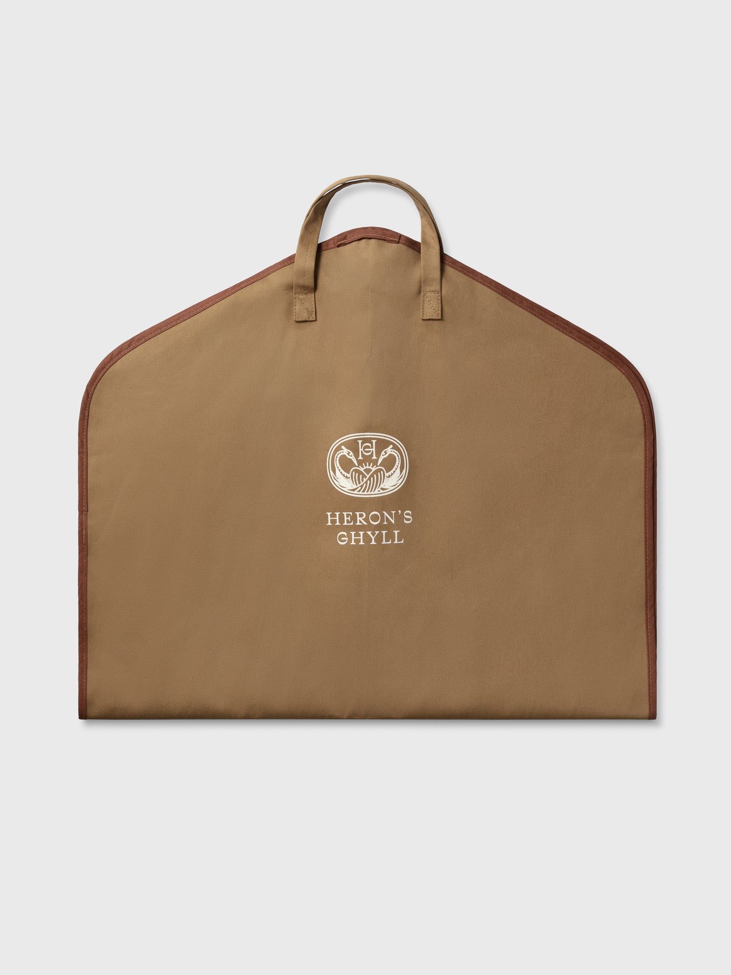 Heron's Ghyll cotton garment bag with brown trim included with tailored jacket and suit orders