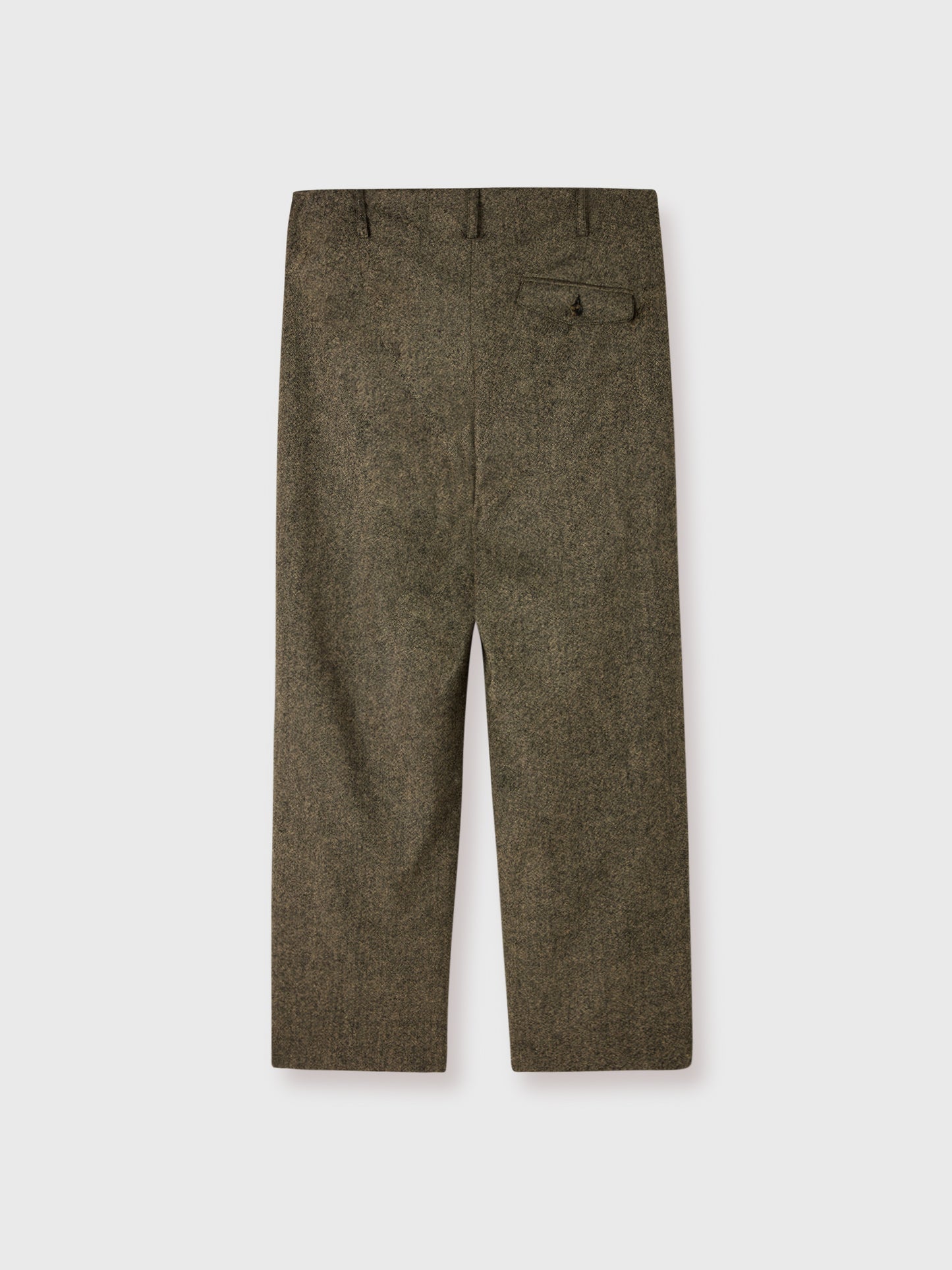 Rear flat lay of Lavelle Inverted Pleat Trousers in grey flecked wool showing the flapped pocket and wide leg.