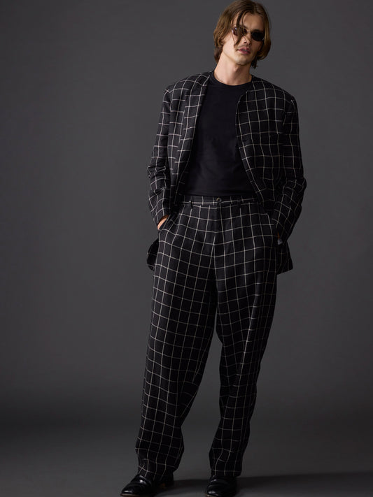 Black Windowpane Baggy Linen Trousers