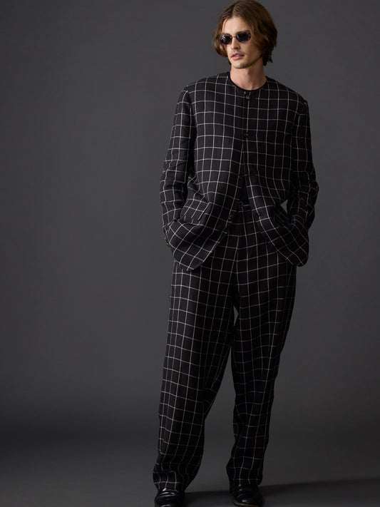 Black Windowpane Avalon Linen Collarless Jacket