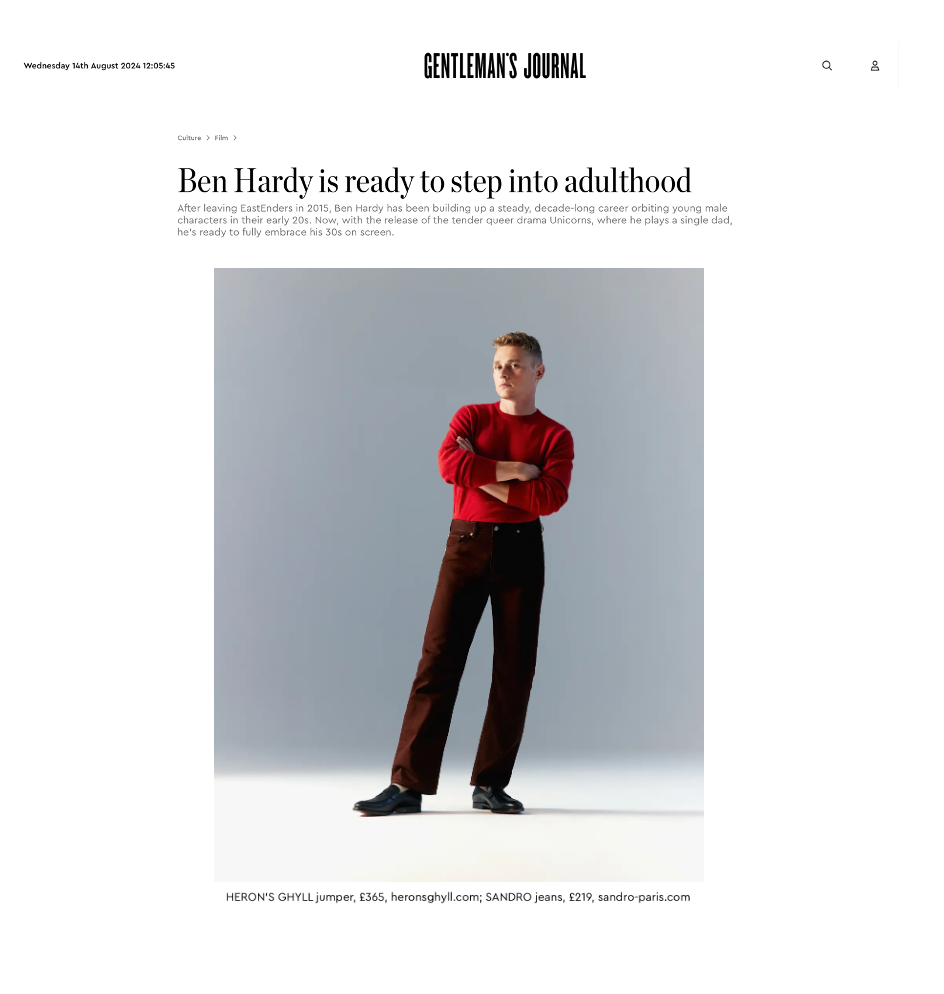 Actor Ben Hardy in Gentleman's Journal wearing the Heron's Ghyll Red 100% Cashmere Crewneck Sweater