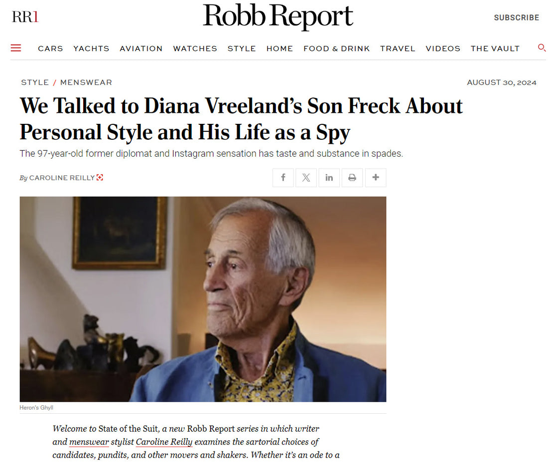 Screen capture of article on Robb Report website featuring Freck Vreeland, son of former Vogue editor Diana Vreeland, wearing Heron’s Ghyll teal blue linen Nehru jacket.