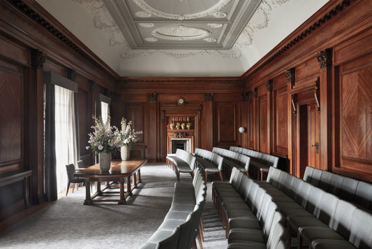 The Westminster Room at Old Marylebone Town Hall set up for a civil wedding ceremony in London.