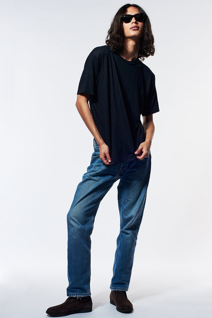 Black Boxy Linen-Blend T-Shirt