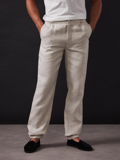 Beige Textured Elastic Waist Linen Trousers