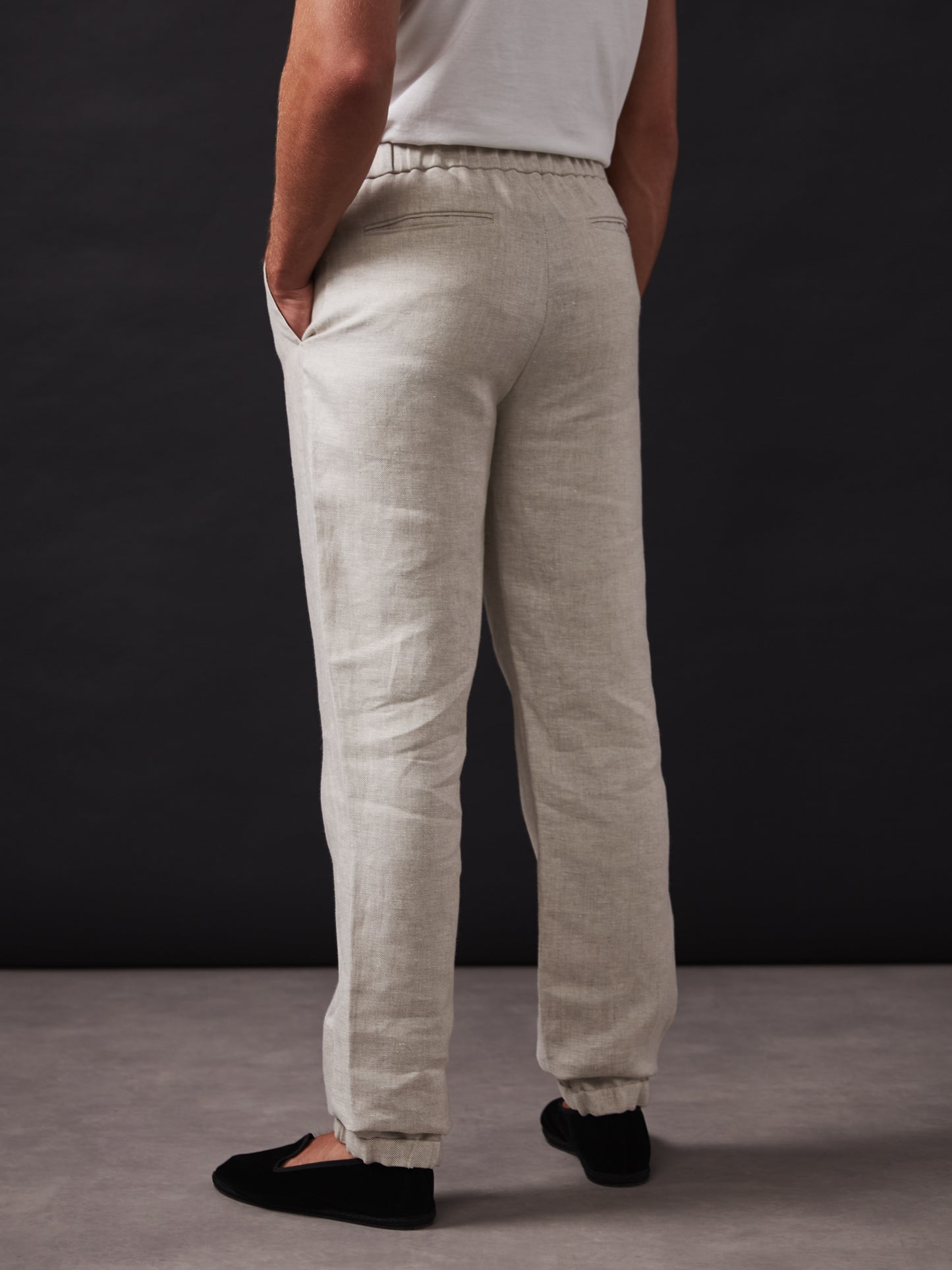 Beige Textured Elastic Waist Linen Trousers