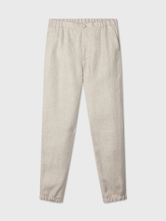 Beige Textured Elastic Waist Linen Trousers