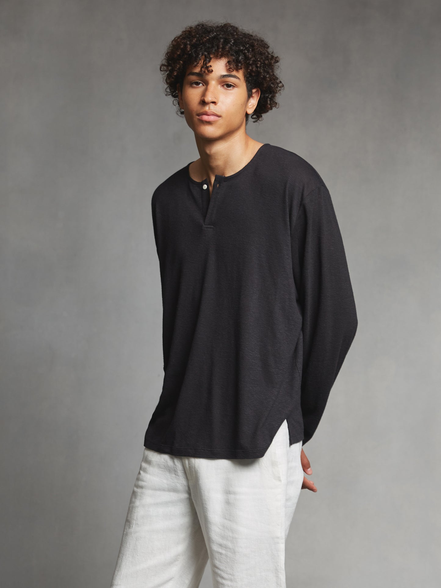 Black Linen Long Sleeve Henley Shirt