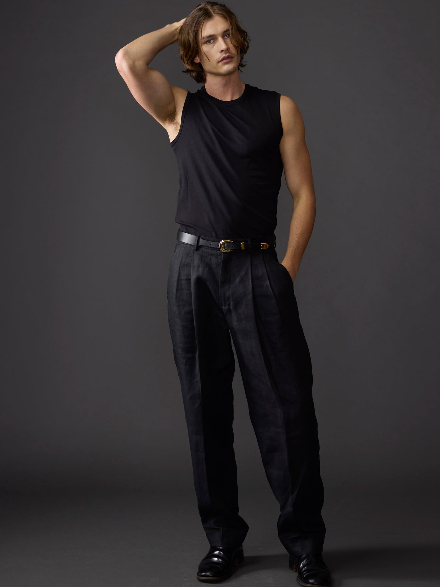 Black Lamont Pleated Straight Leg Linen Trousers