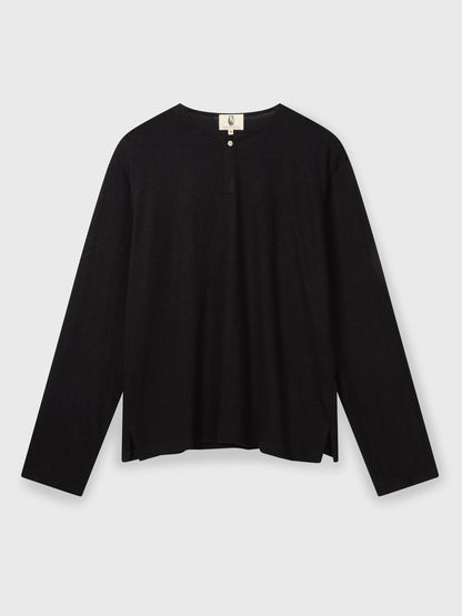 Black Linen Long Sleeve Henley Shirt