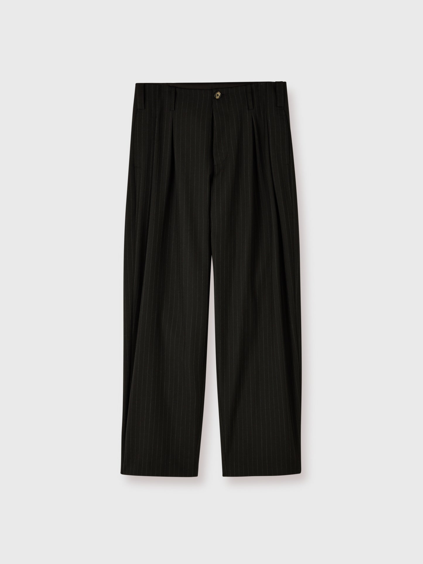 Flat lay of men's Lavelle Inverted Pleat Trousers in black wool with a grey chalk stripe showing the wide leg silhouette.