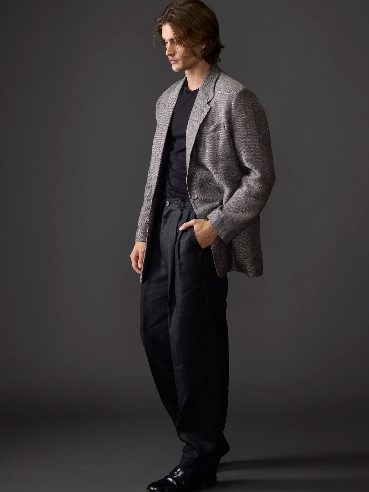 Black Avalon Silk-Linen Herringbone Blazer