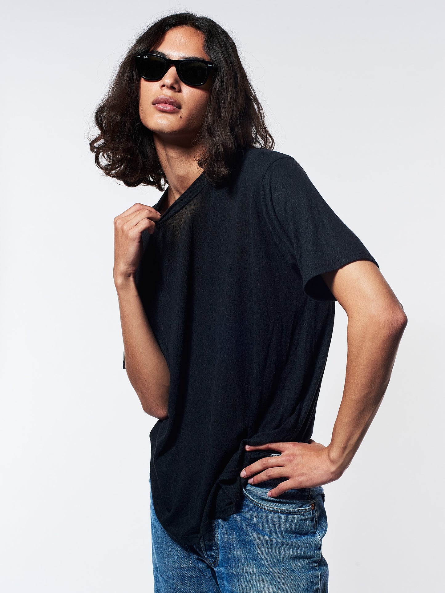 Black Boxy Linen-Blend T-Shirt