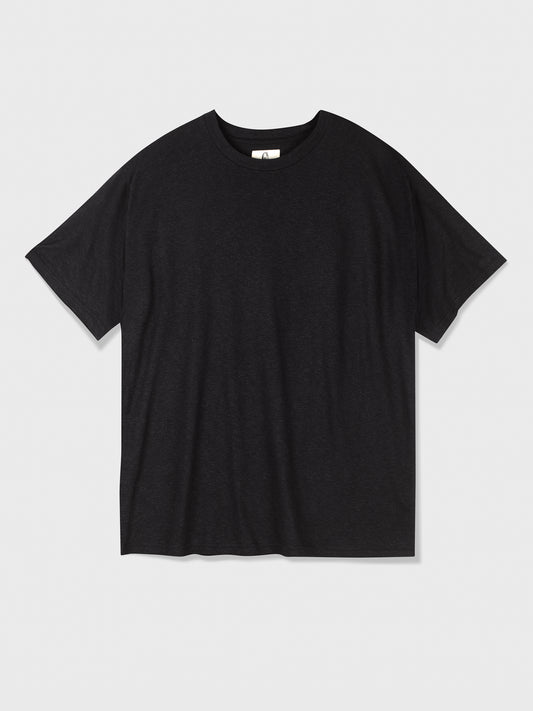 Black Boxy Linen-Blend T-Shirt