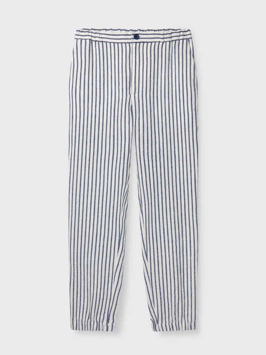 White and Blue Striped Elastic Waist Linen Trousers