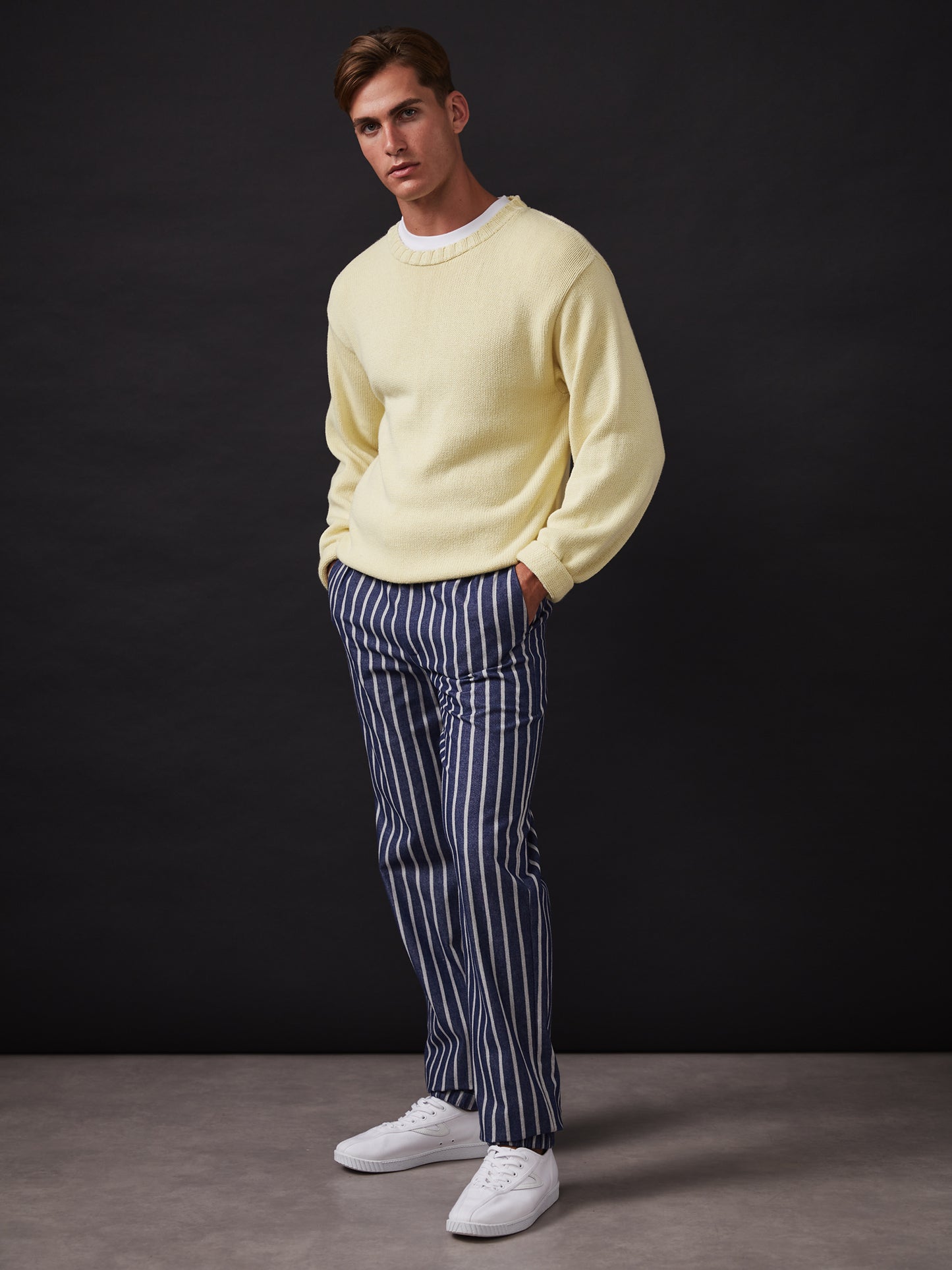 Navy and White Striped Elastic Waist Trousers