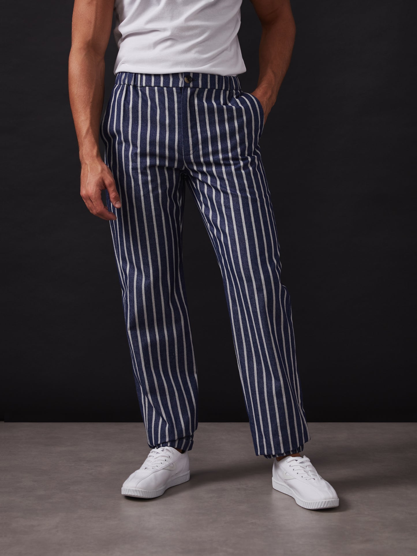 Navy and White Striped Elastic Waist Trousers