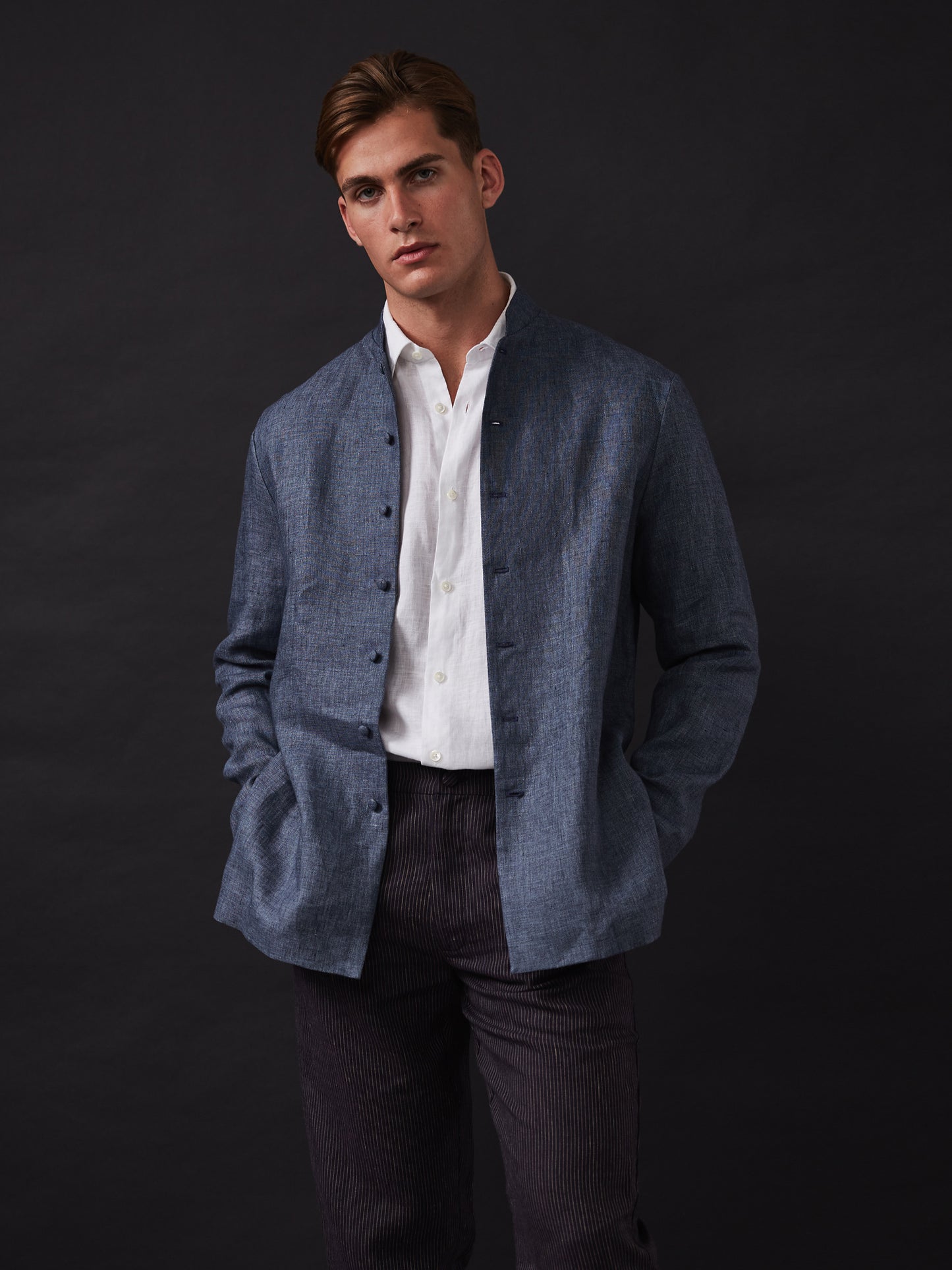 Blue Textured Linen Nehru Jacket