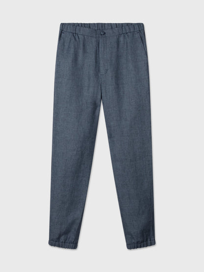 Blue Textured Elastic Waist Linen Trousers