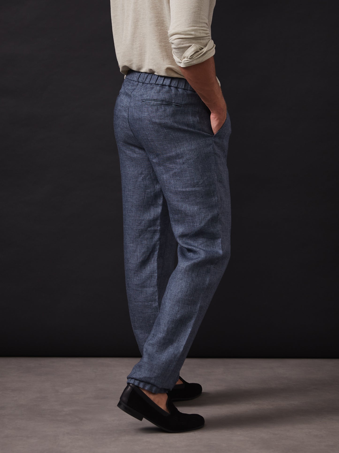 Blue Textured Elastic Waist Linen Trousers