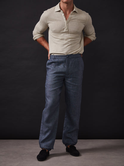 Blue Textured Elastic Waist Linen Trousers