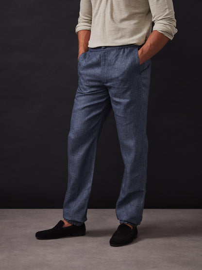 Blue Textured Elastic Waist Linen Trousers