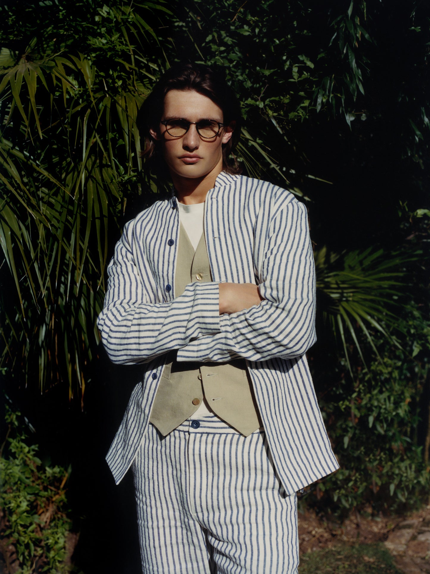 White and Blue Striped Linen Nehru Jacket