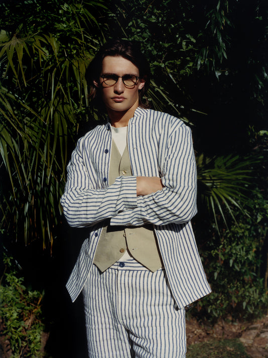 White and Blue Striped Linen Mandarin Suit