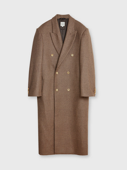 Brown Check Double Breasted Wool Overcoat