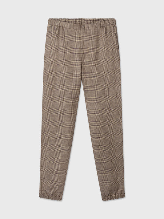 Brown Check Elastic Waist Linen Trousers