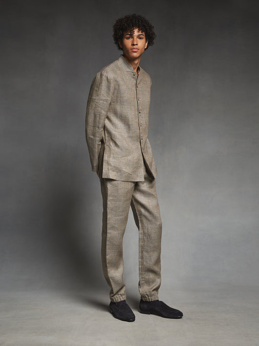 Brown Check Linen Mandarin Suit