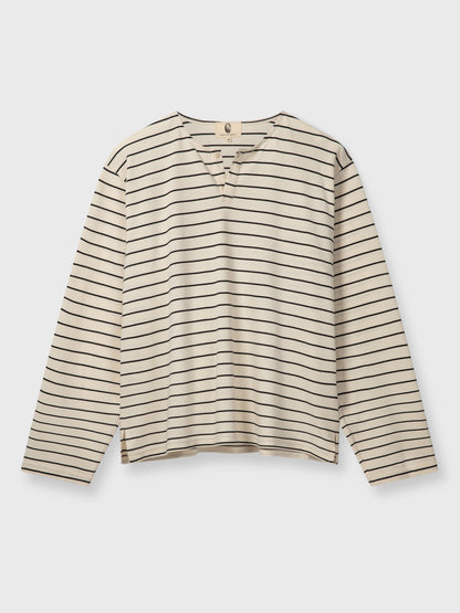 Cream and Black Striped Long Sleeve Henley Shirt