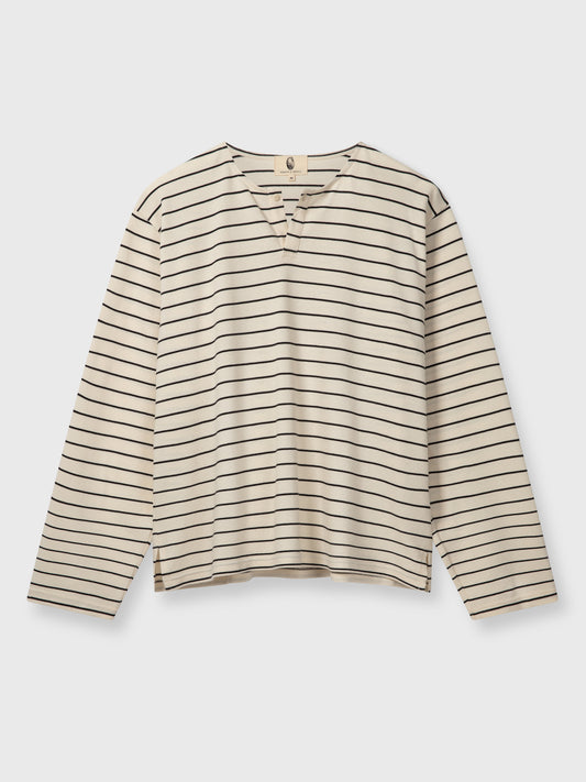 Cream and Black Striped Long Sleeve Henley Shirt