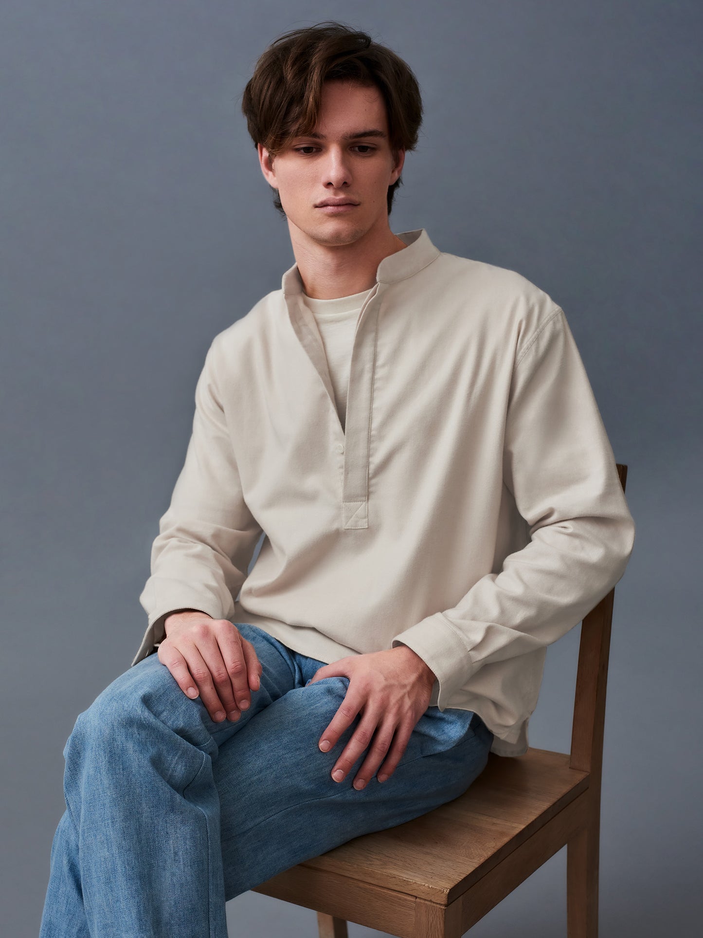 Cream Brushed Cotton Popover Shirt