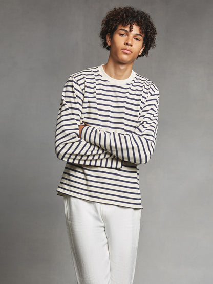 Cream and Navy Striped Long Sleeve T-Shirt