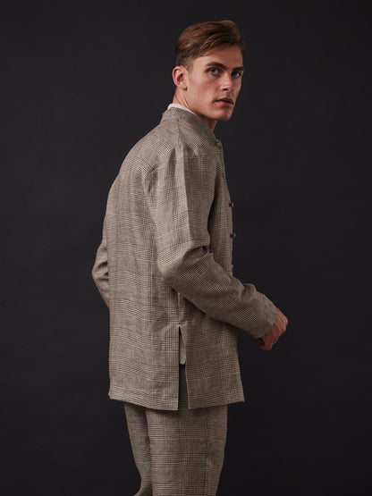 Brown Check Linen Nehru Jacket