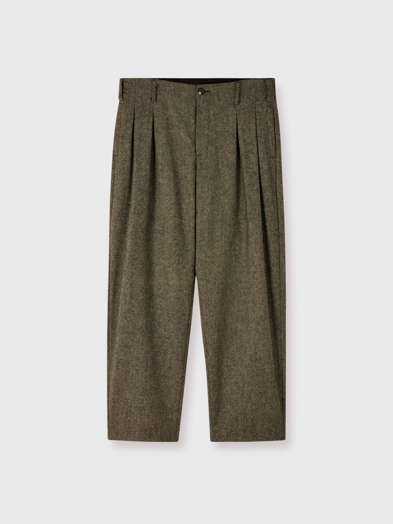 Flat lay of the Lavelle men's inverted pleat trousers in grey flecked wool showing the high-rise and wide leg.