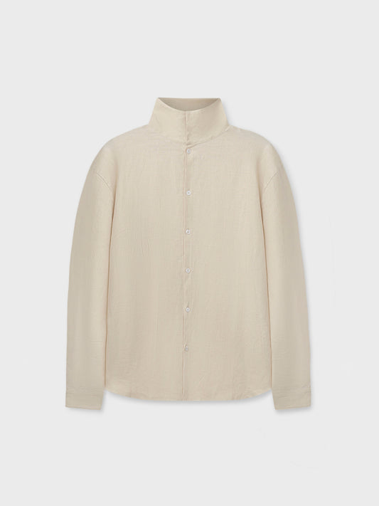 Beige Linen Stand Collar Shirt