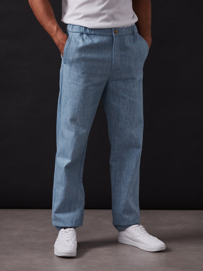 Light Washed Denim Elastic Waist Trousers