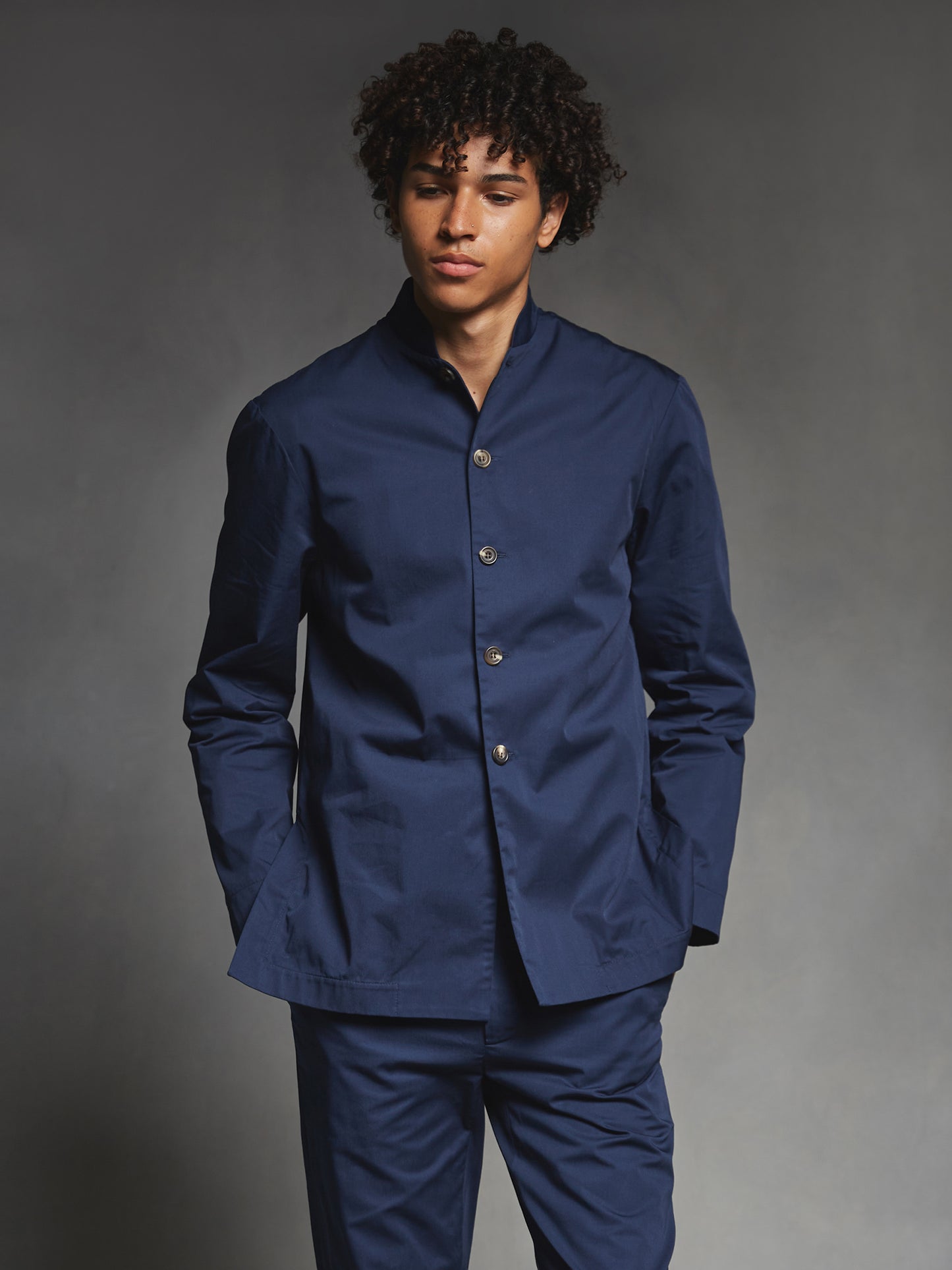 Navy Cotton Mandarin Suit