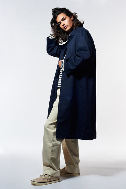 Navy Cotton Twill Extra-Long Raincoat