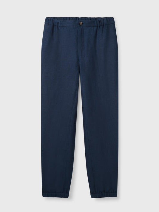 Navy Elastic Waist Linen Trousers