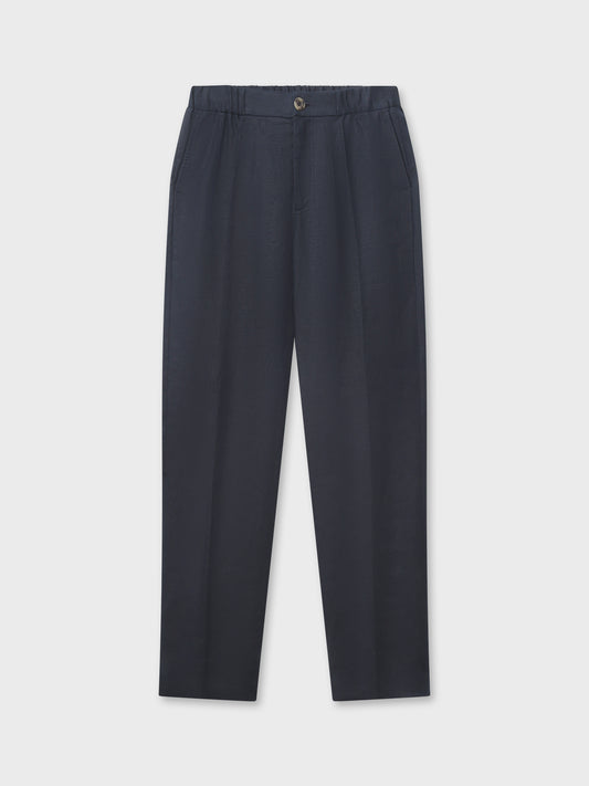 Navy Linen Elastic Waist Relaxed Trousers