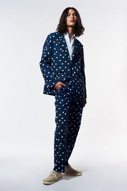 Navy Polka Dot Relaxed Nehru Suit