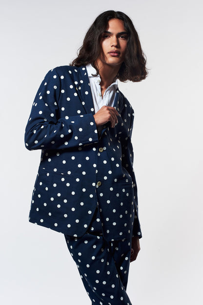 Navy Polka Dot Relaxed Nehru Suit