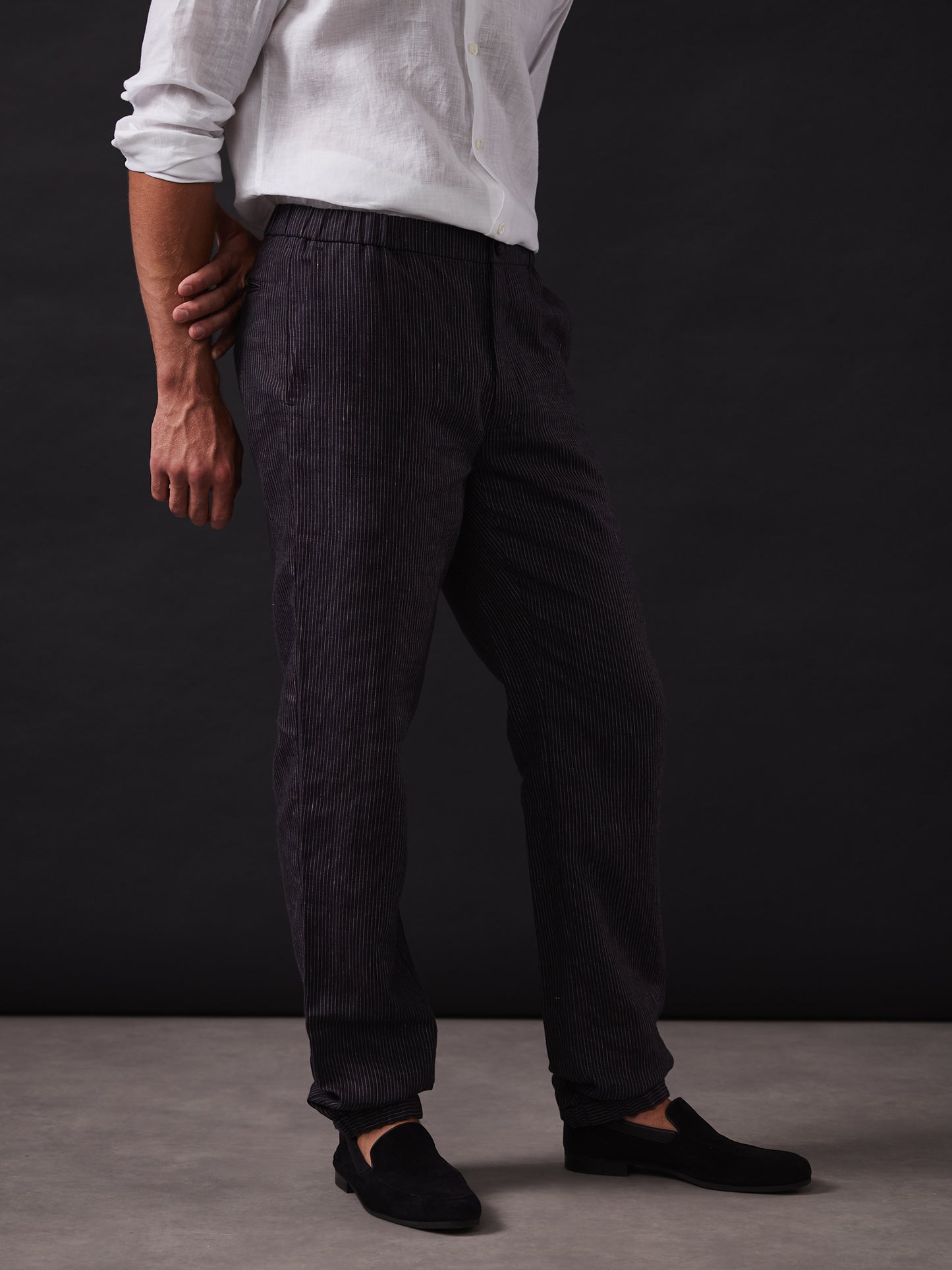 Indigo Pinstriped Elastic Waist Linen Trousers